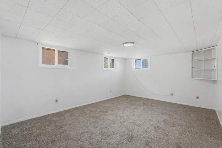 Spacious room featuring neutral carpet flooring, bright white walls, multiple windows, a ceiling light fixture, and a built-in wall cabinet with glass doors