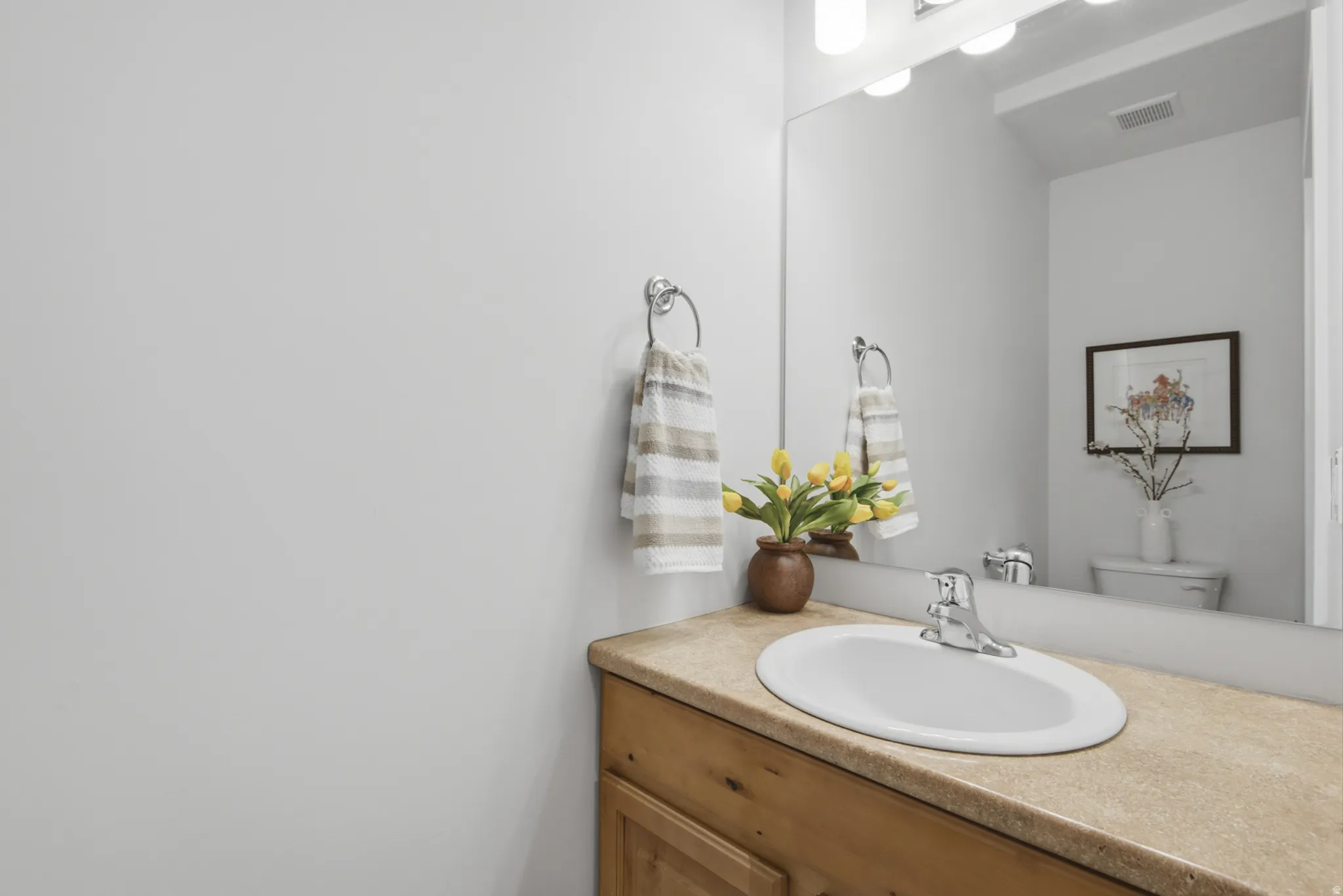 Powder room featuring a single-sink vanity with a light wood-finish cabinet and a light-toned countertop