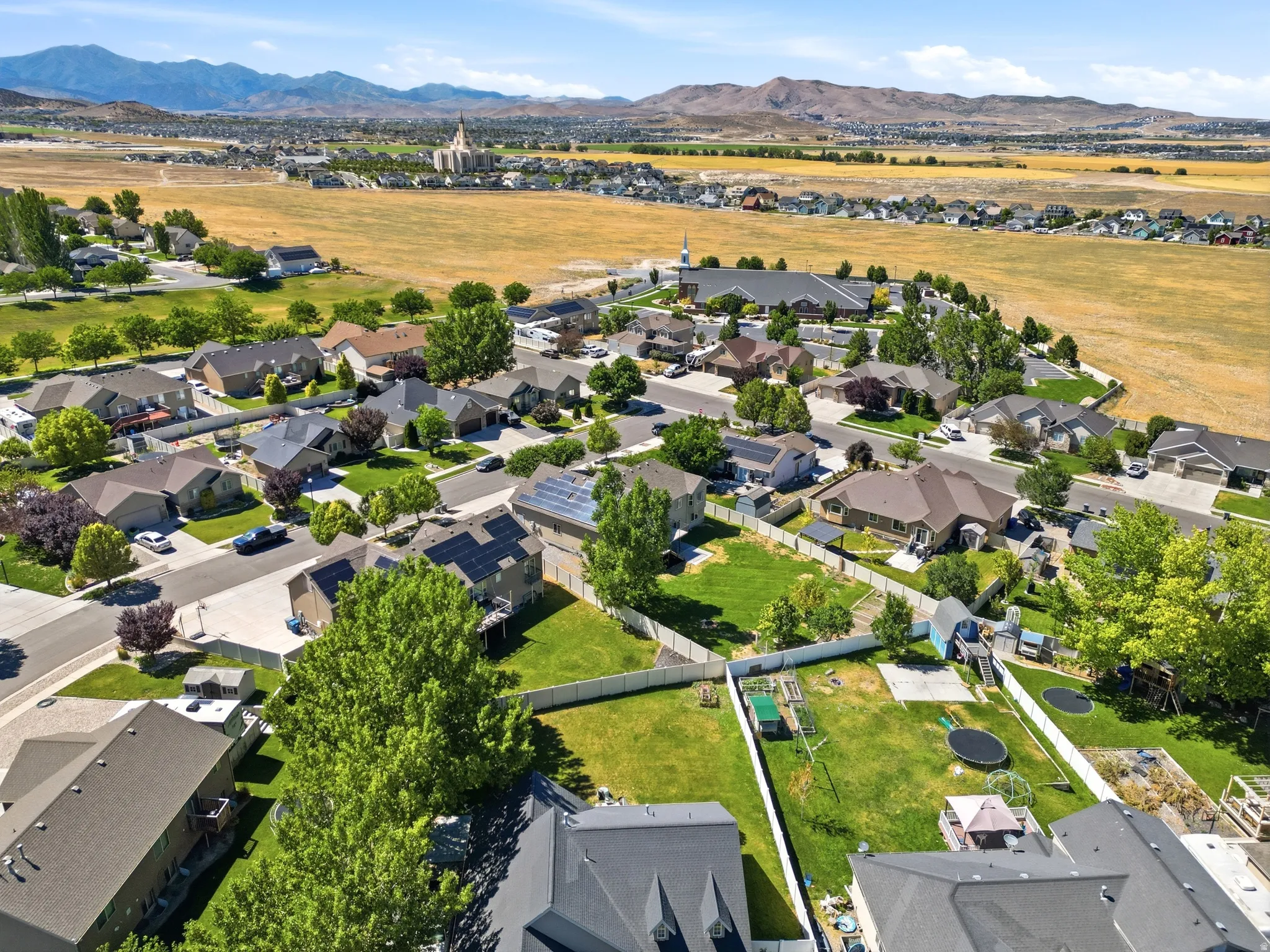 Aerial perspective showcasing a residential neighborhood with varied home styles and mature landscaping