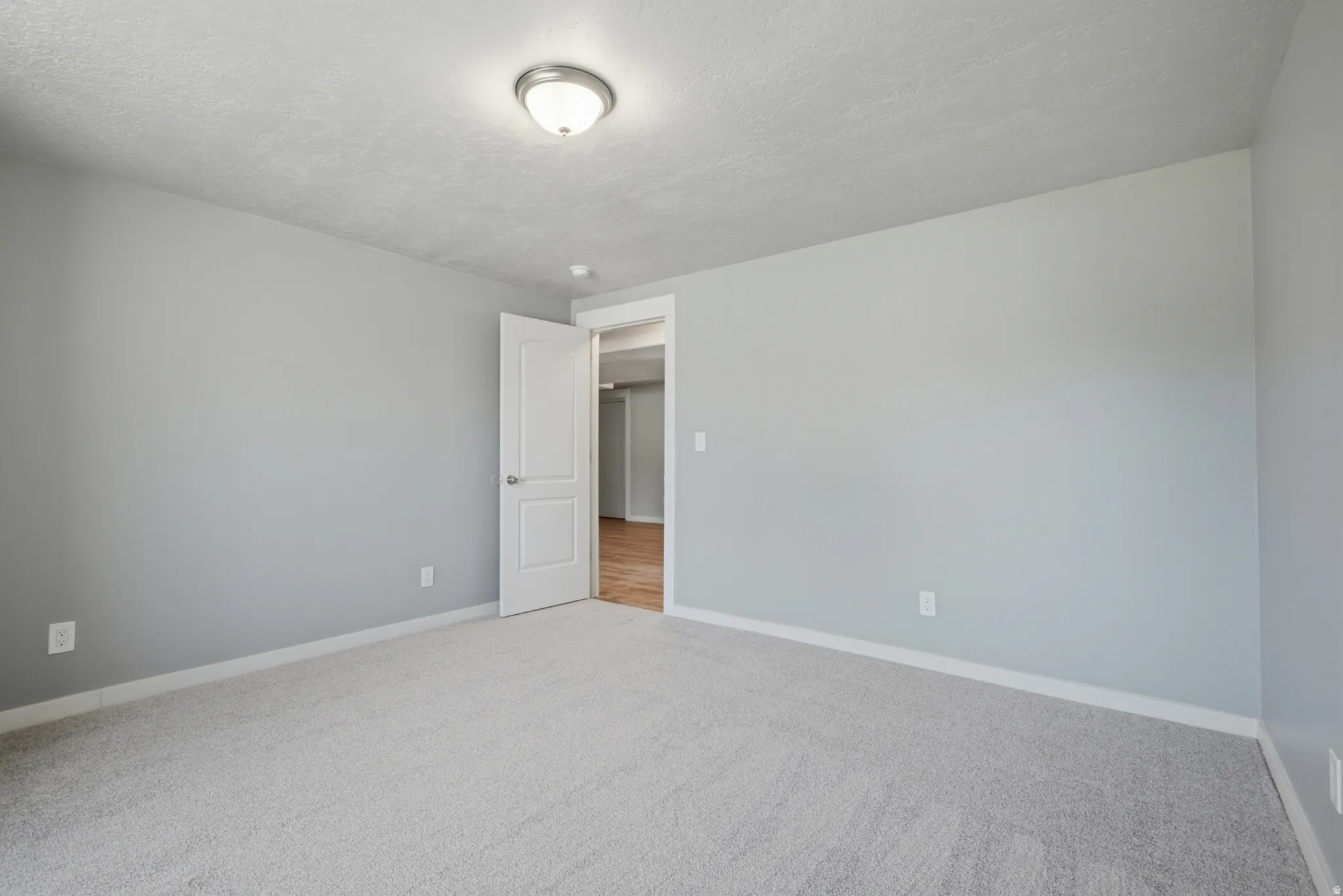 Spacious room featuring light gray wall paint, textured ceiling, and light-colored carpet flooring