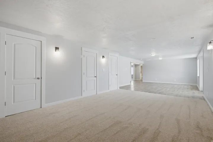 Spacious room featuring neutral carpeting and light gray walls