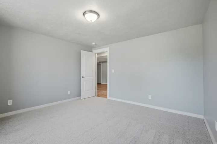 Spacious room featuring light gray wall paint, textured ceiling, and light-colored carpet flooring