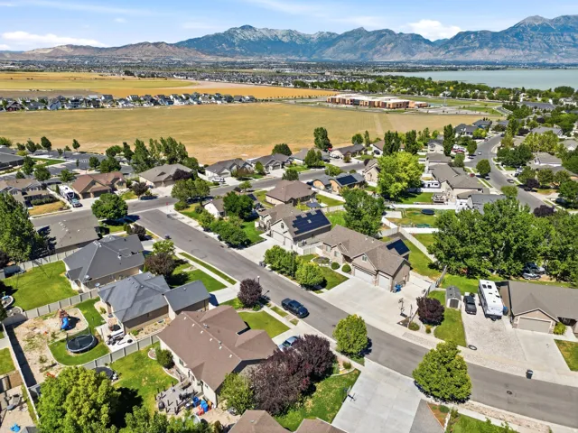 Aerial perspective showcasing a residential neighborhood with varied home styles