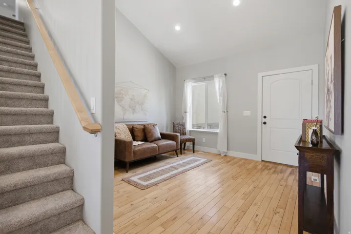 Light wood-finish flooring complements the interior wall color