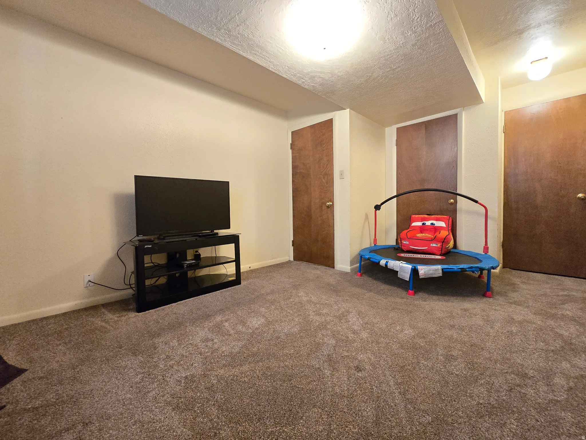 Carpeted interior space featuring light-colored walls and multiple solid wood doors