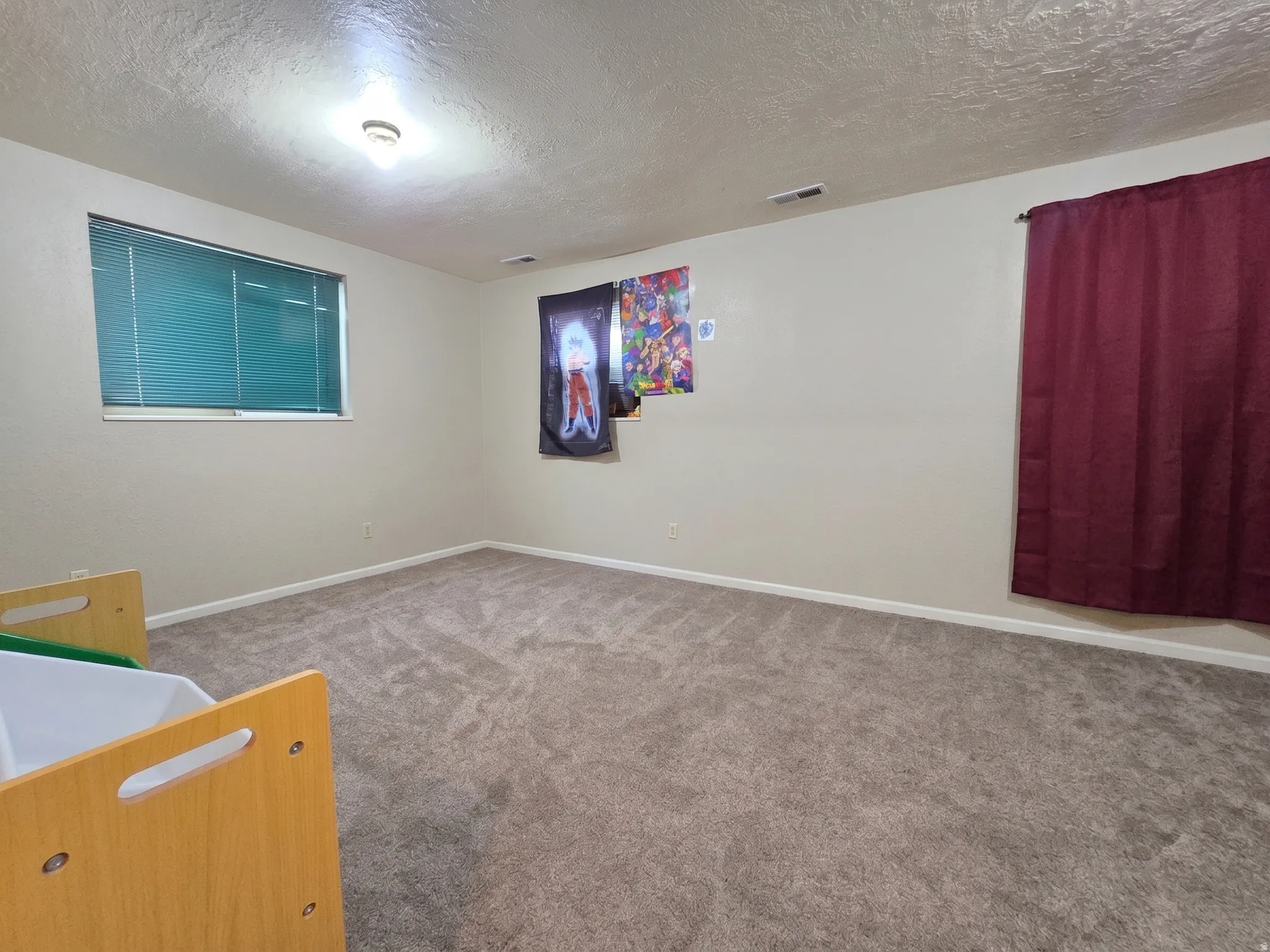 Room featuring neutral-toned carpeting, light-colored walls, and a window with horizontal blinds
