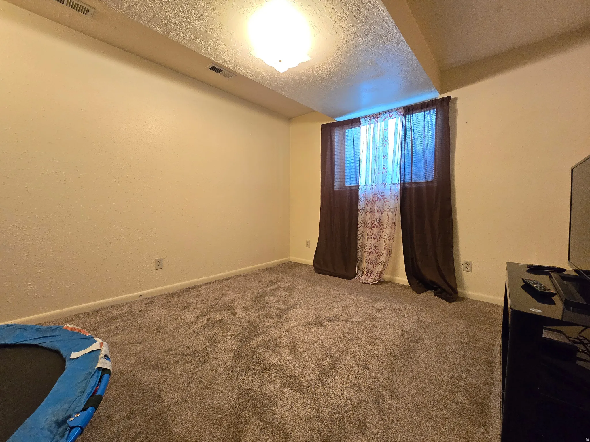 Carpeted room with a recessed window and two-tone wall paint