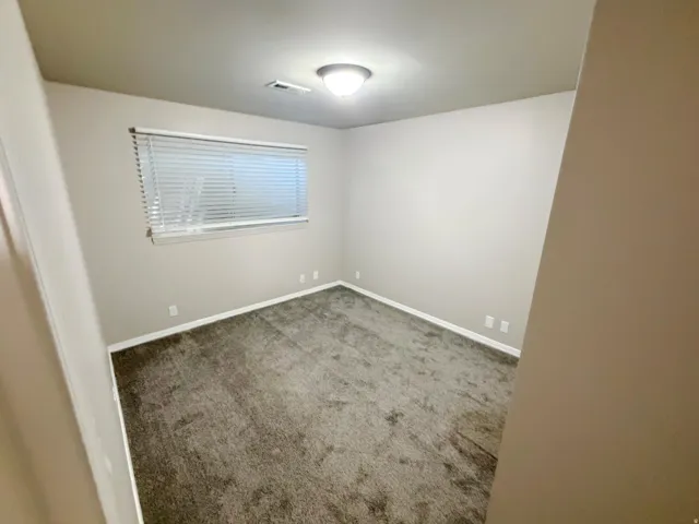 Carpeted room with a window featuring horizontal blinds, neutral wall paint, white trim, and a ceiling-mounted light fixture