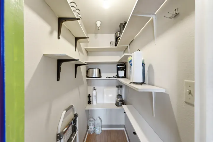 Walk-in pantry featuring extensive open shelving, a built-in countertop, and wood-finish flooring