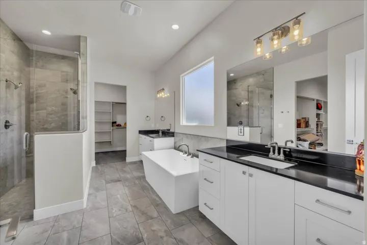 Spacious bathroom featuring a freestanding soaking tub, expansive vanity with dual sinks, and a large walk-in shower with tile surround