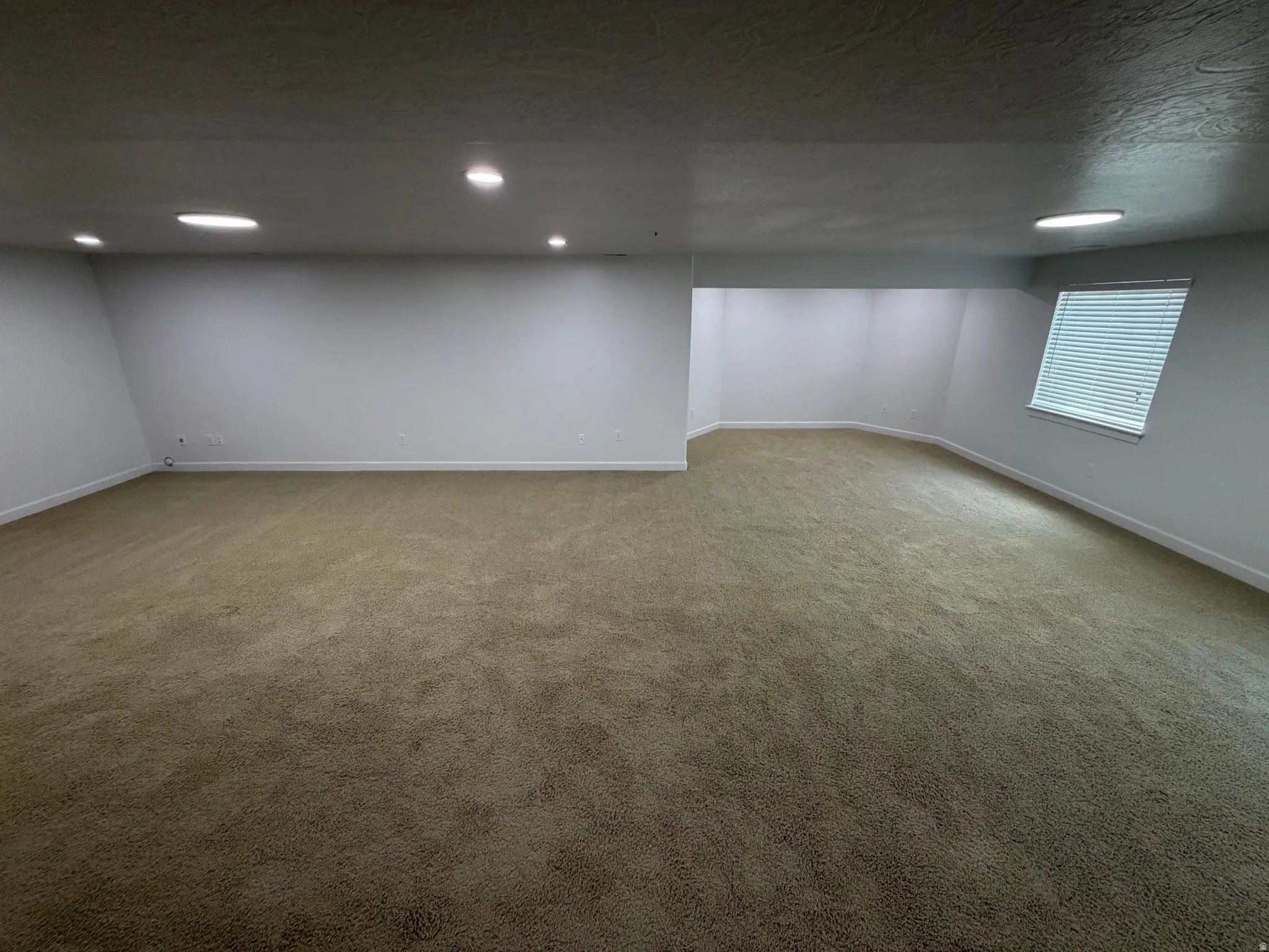 Expansive room featuring neutral-toned carpeting, white walls, and recessed lighting