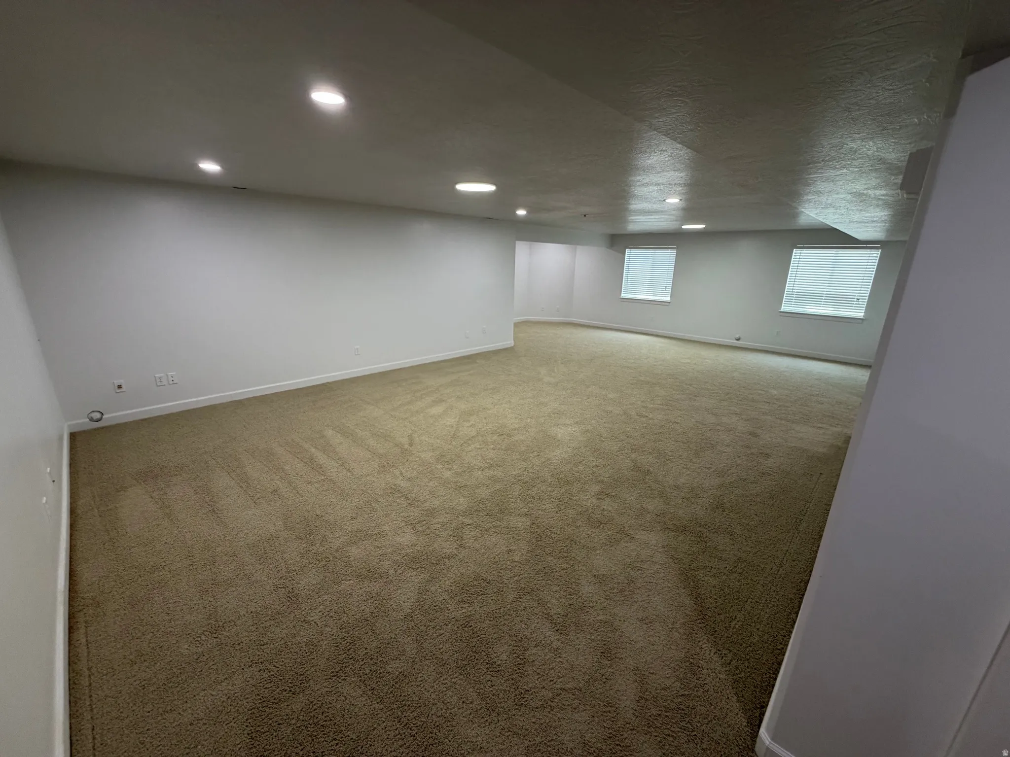 Expansive room featuring recessed lighting, light-toned carpeting, white painted walls, and multiple windows with blinds