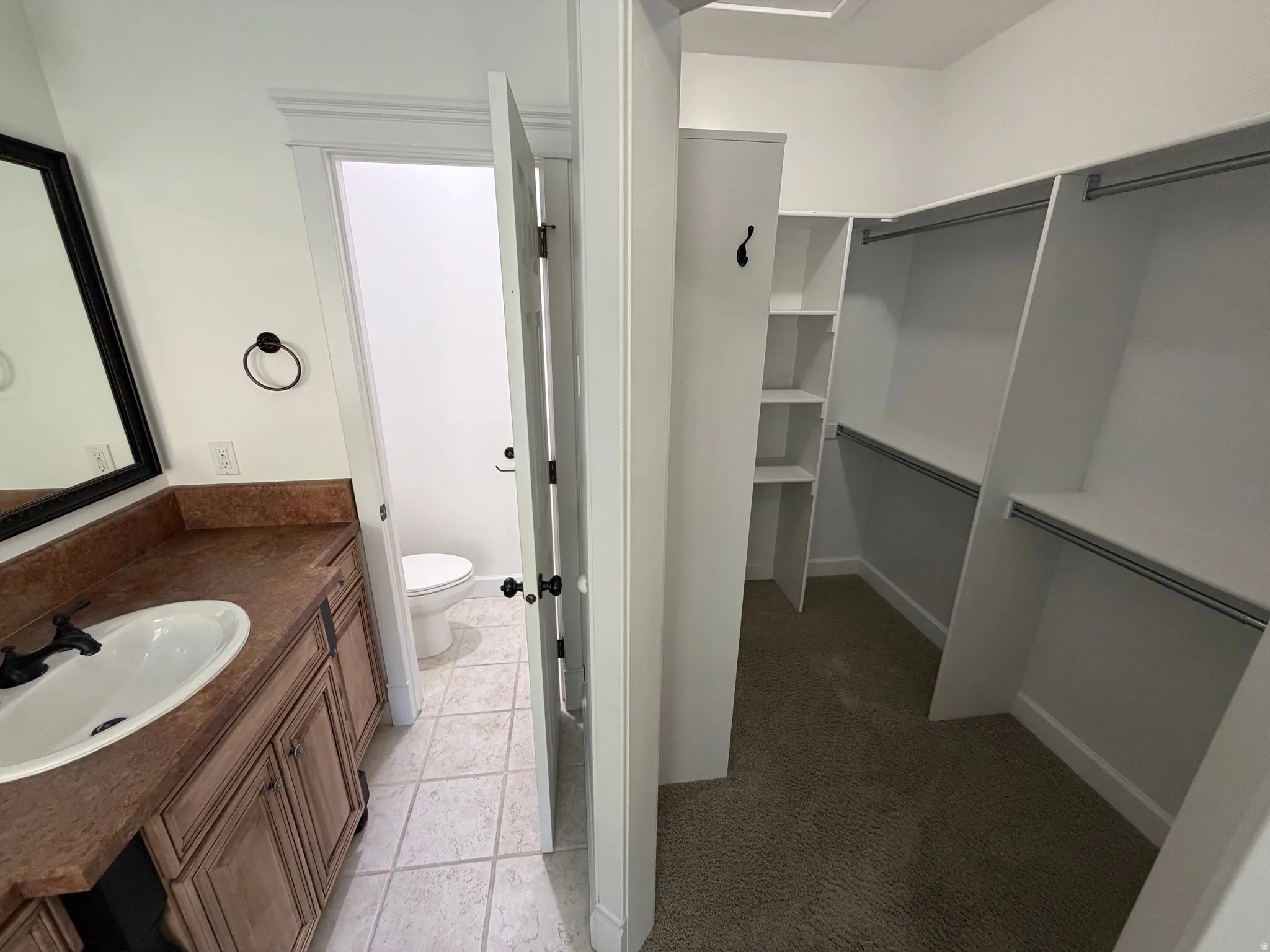 Walk-in closet with built-in shelving and hanging rods