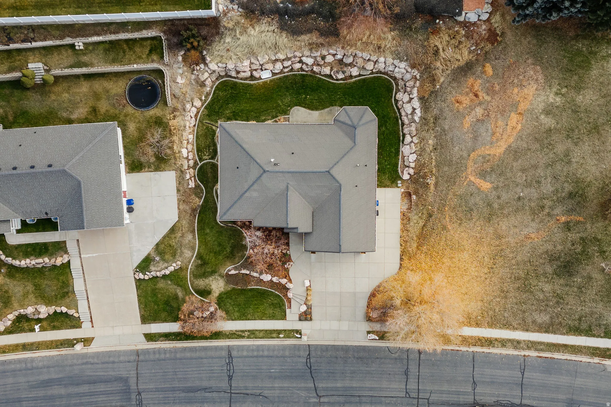 Aerial perspective showcasing the property's distinct roofline
