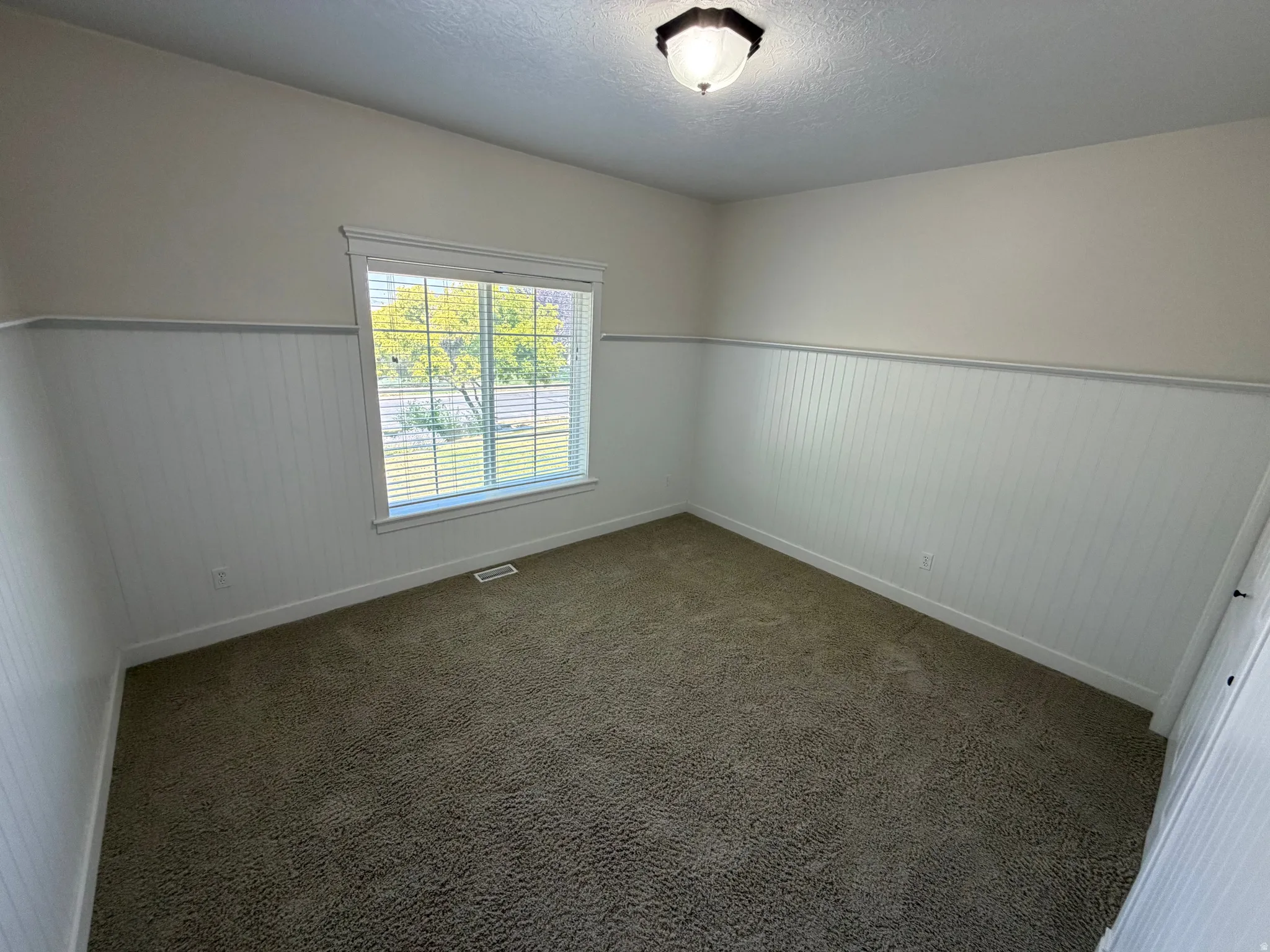Room featuring neutral-toned walls with wainscoting, a single window, and textured carpeting