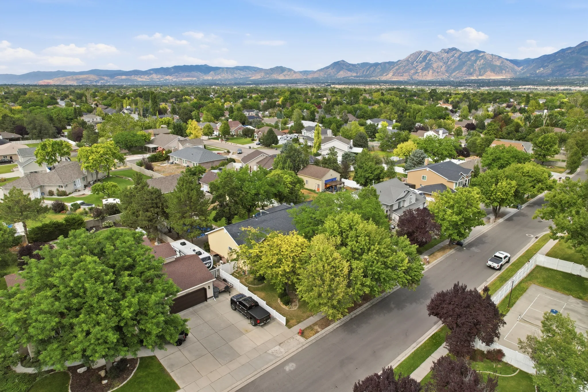 Residential street featuring mature trees, a paved roadway, and distant mountain ranges