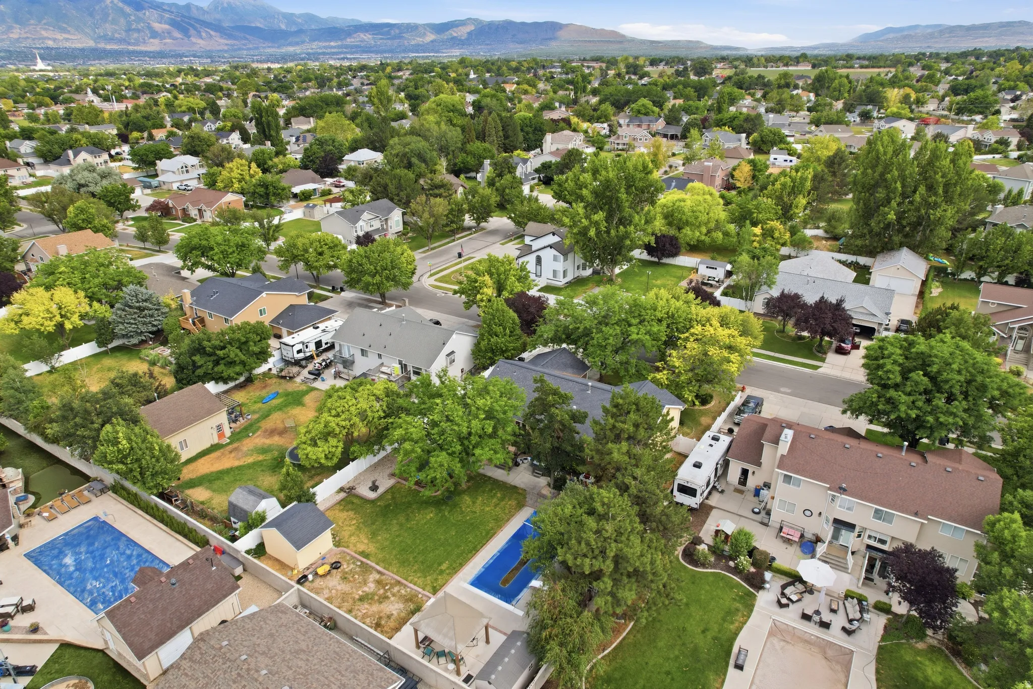 Aerial perspective of a verdant neighborhood with mature trees