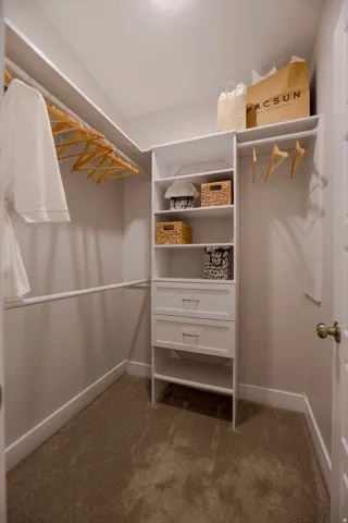 Built-in closet system with shelving and two integrated drawers, hanging rods, and carpet flooring