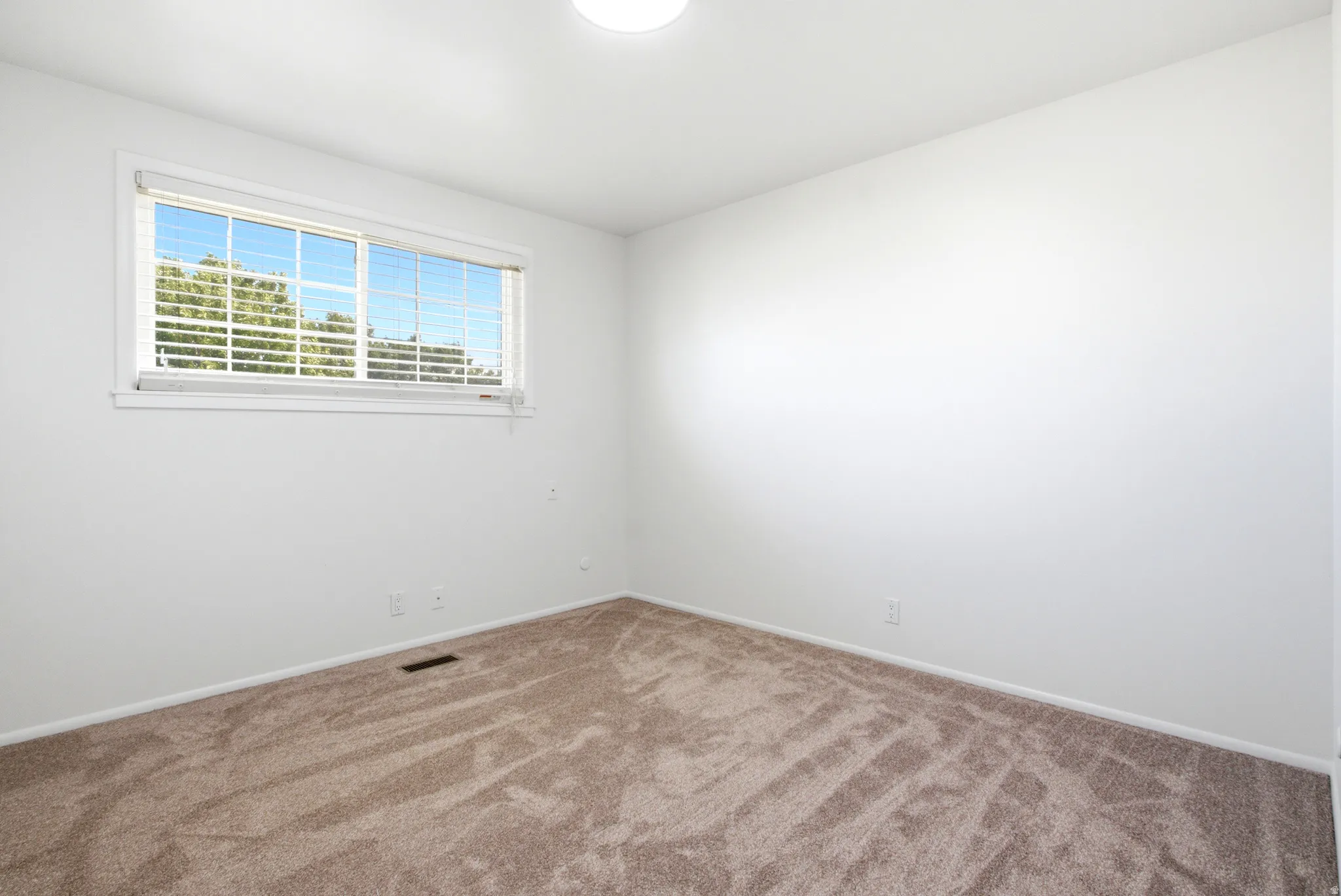 Bright interior space featuring a window with horizontal blinds, neutral carpeting, white baseboards, and a flush-mount ceiling light fixture