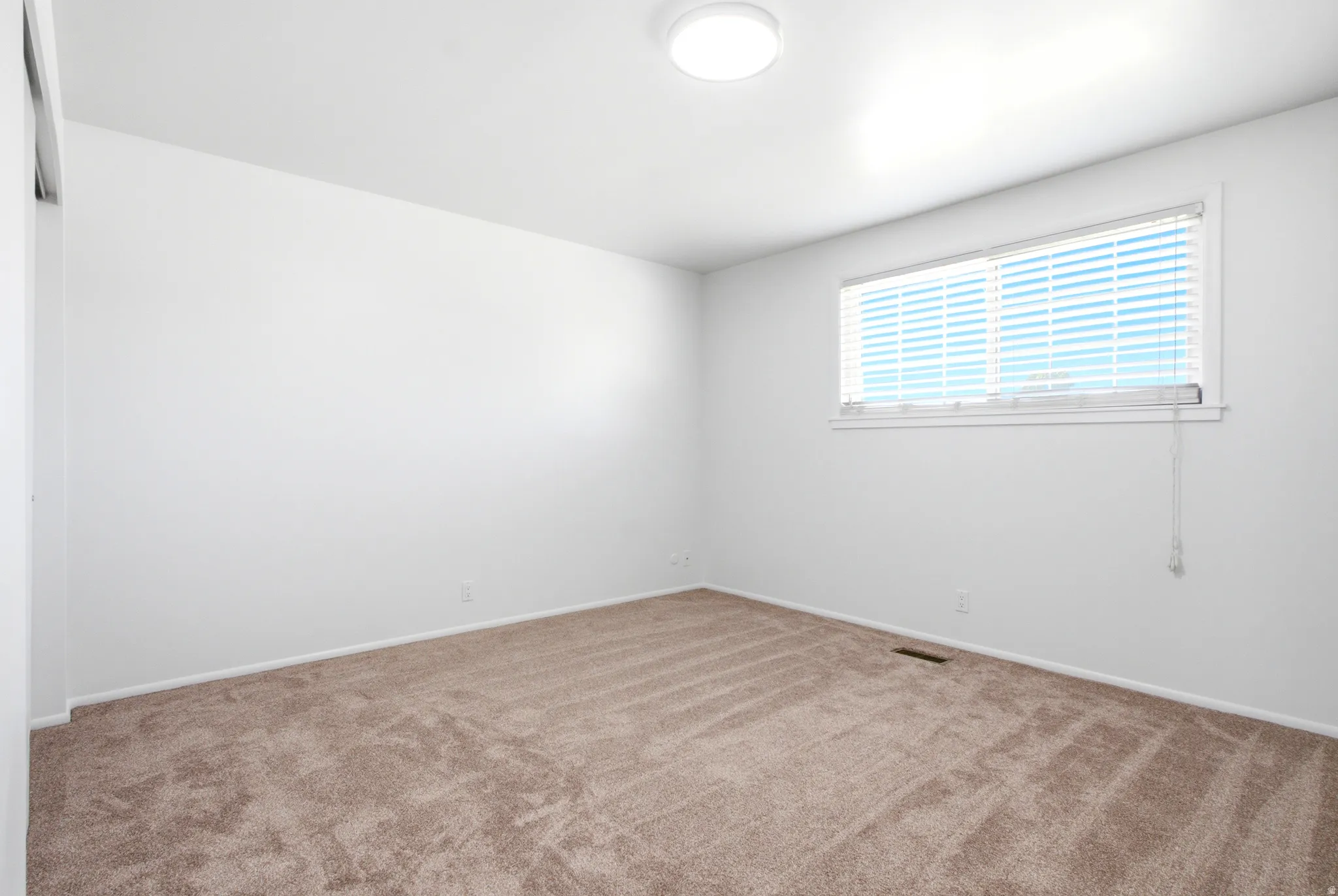 Bright interior space featuring plush carpet, white walls, and a prominent window with blinds