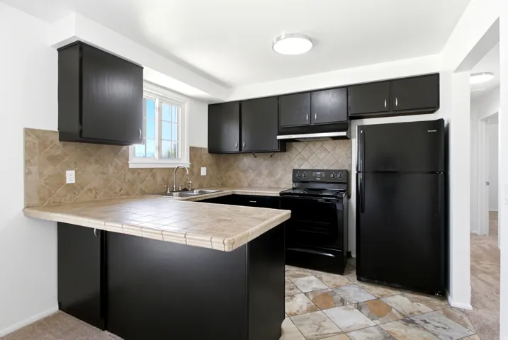 Kitchen featuring dark cabinetry, ceramic tile countertops, stainless steel sink, black electric range, and black refrigerator