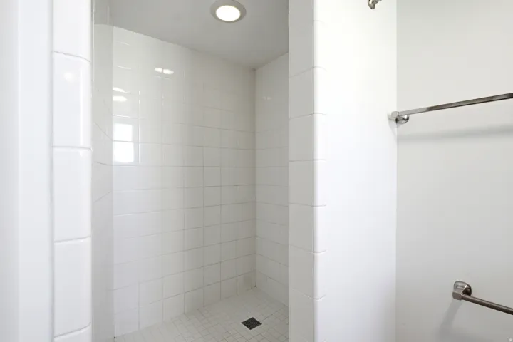 Shower with white ceramic subway tiles and recessed lighting