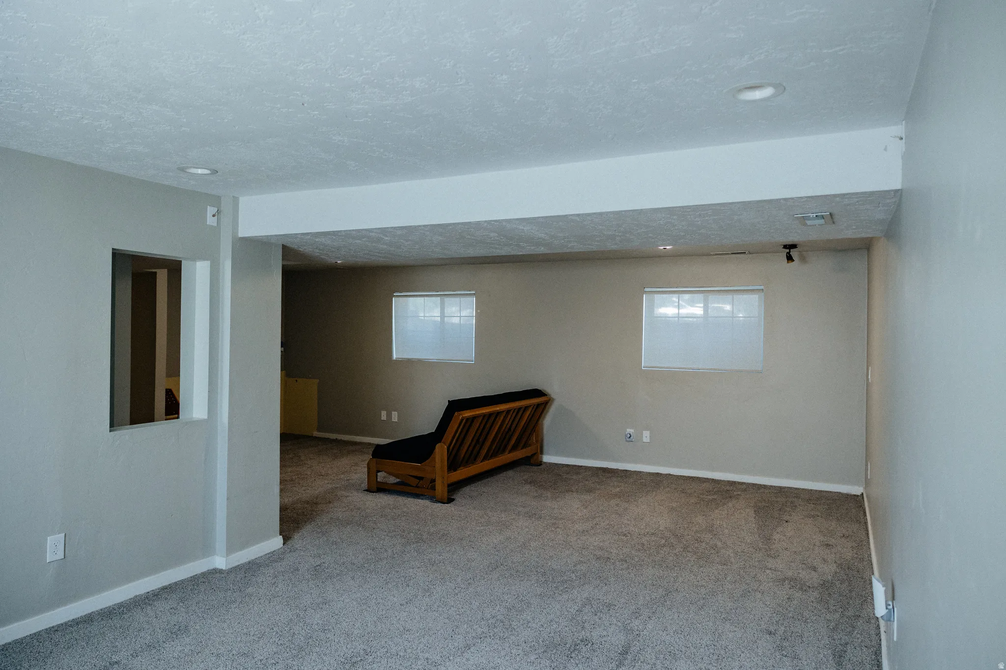 Spacious interior room featuring light gray walls, textured white ceilings with recessed lighting, and soft gray carpeting