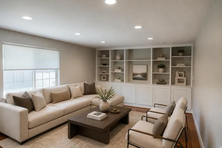 Built-in shelving with lower cabinetry, recessed lighting, and wood-finish flooring. Virtually Staged