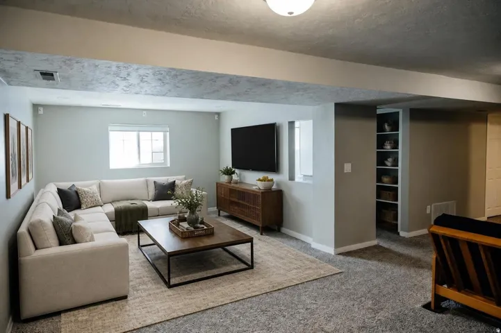 Recessed window, built-in shelving, and neutral wall tones