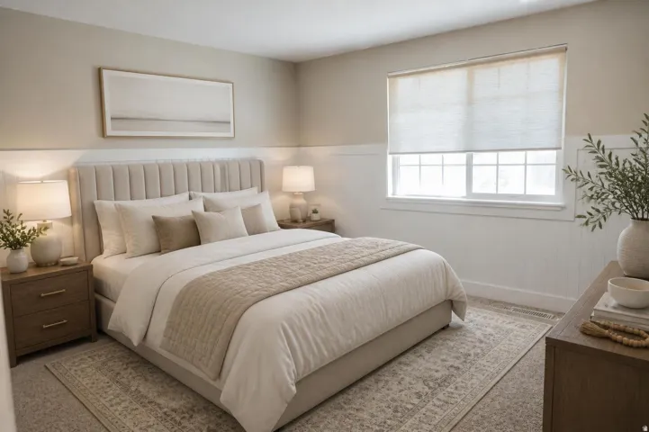 The primary bedroom is located at the end of the hall on the back of the home.  Making this space a peaceful retreat for the owner of the home.