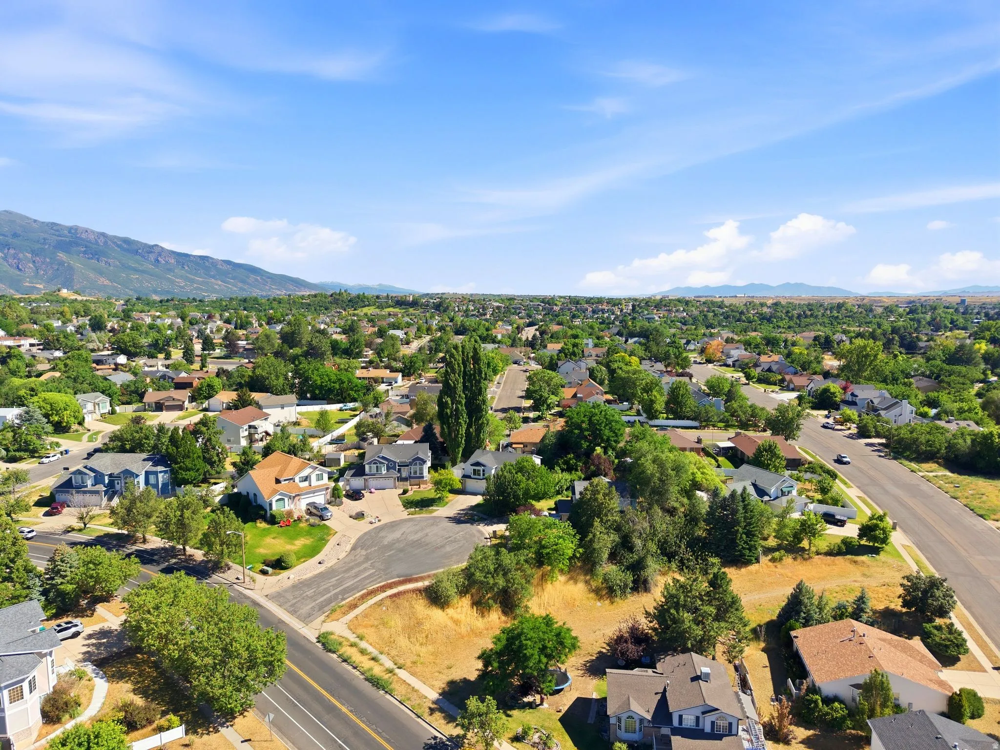 Panoramic aerial perspective showcasing a residential neighborhood with a mountain backdrop