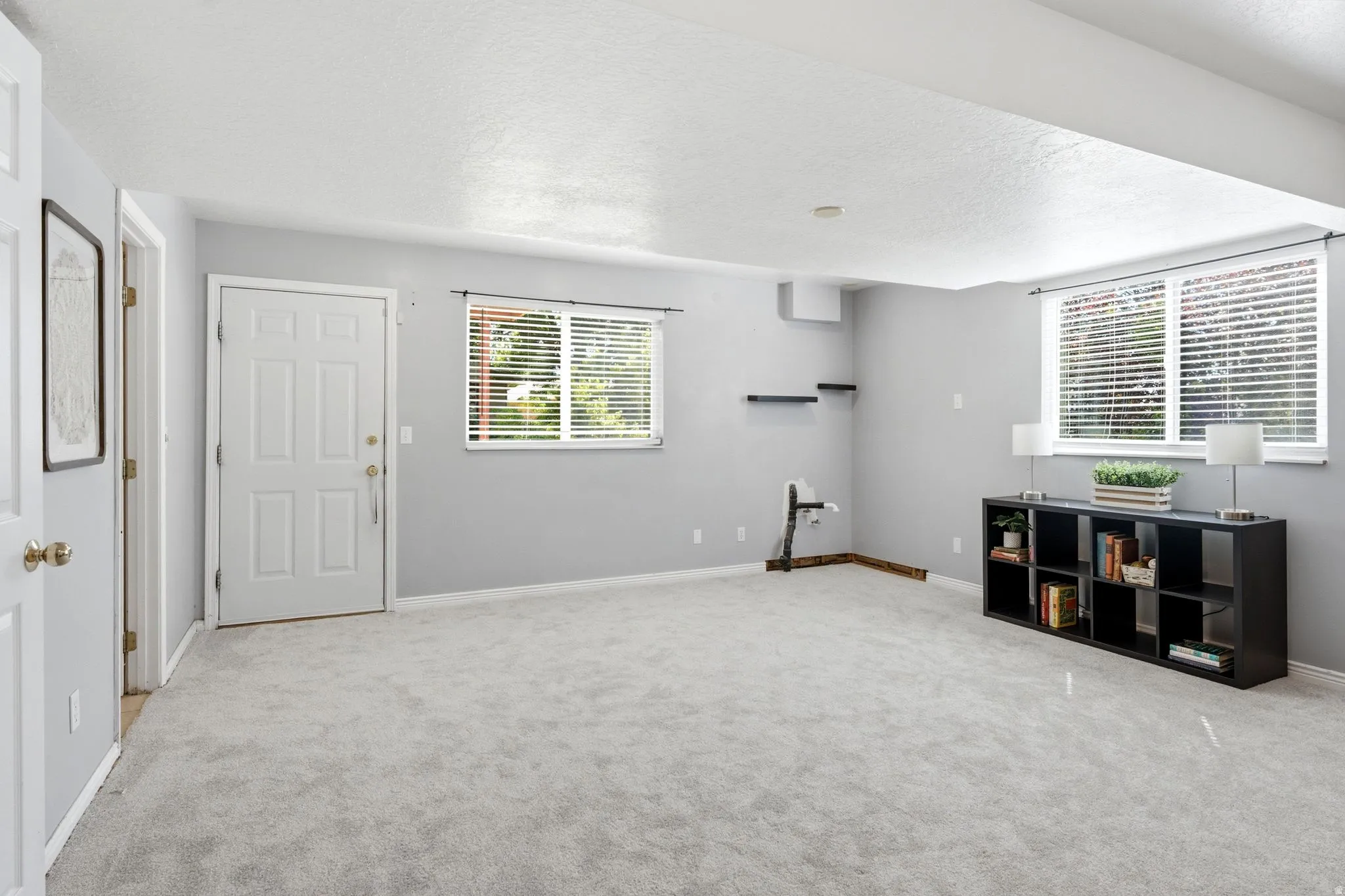 Spacious room with light gray carpeting, neutral wall colors, two windows with horizontal blinds, and a white paneled door
