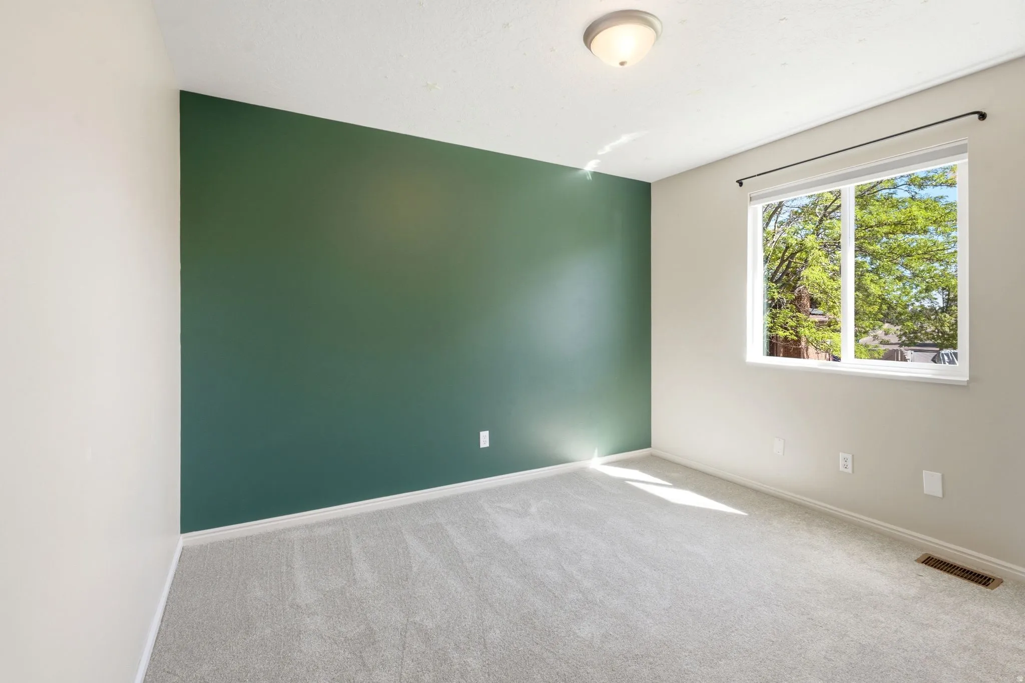 Interior room featuring a statement wall with deep green paint, light neutral walls, and light gray carpet