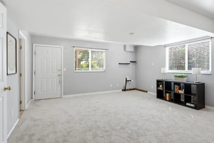 Spacious room with light gray carpeting, neutral wall colors, two windows with horizontal blinds, and a white paneled door