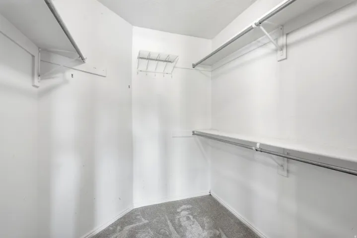 Walk-in closet featuring built-in shelving, chrome hanging rods, and neutral-toned carpeting
