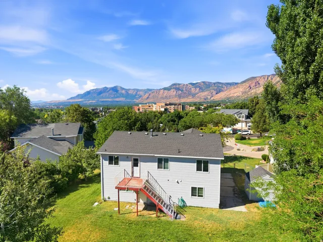 Expansive backyard featuring a manicured lawn, established trees, and a detached shed