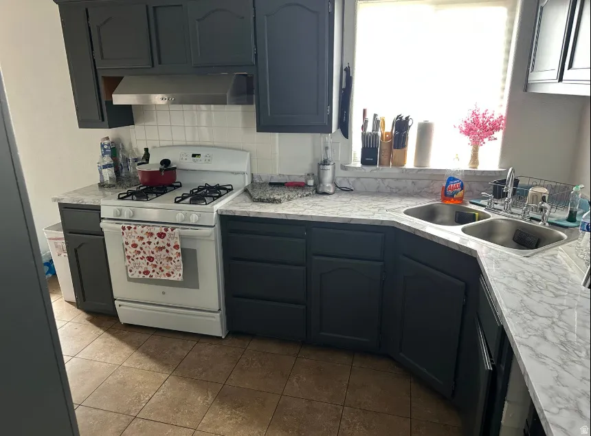 Kitchen featuring dark cabinetry, a white gas range with a stainless steel range hood, white subway tile backsplash, and a double basin stainless steel sink