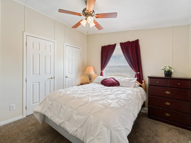 Bedroom featuring carpet flooring, two paneled doors, and a window with blinds