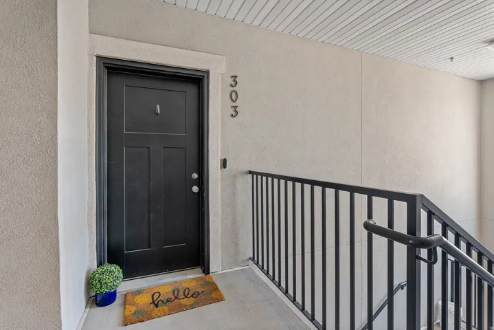 Entry door with panel detailing and matte black hardware, framed by light-colored trim