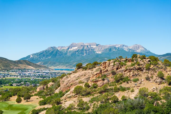 Expansive mountainous terrain with prominent peaks
