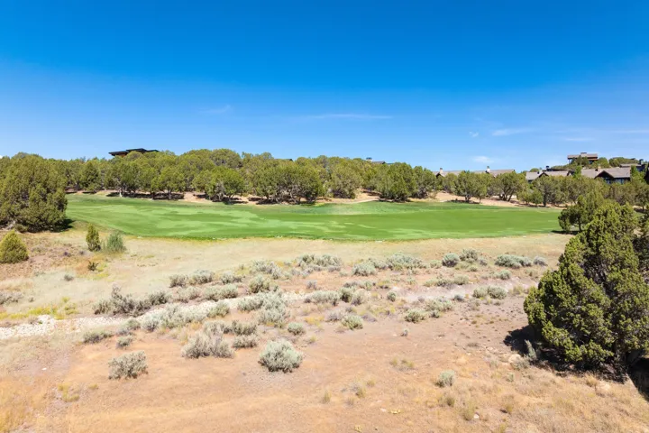 Expansive property featuring natural landscaping, mature trees, and a golf course green