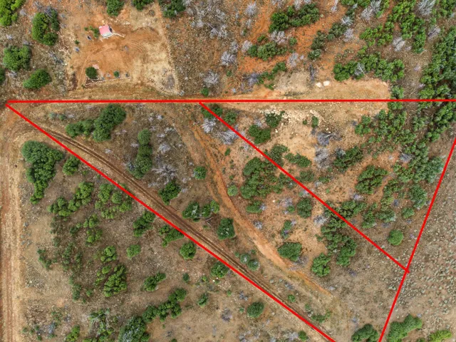 Red-outlined property featuring varied terrain with sparse vegetation and visible dirt paths