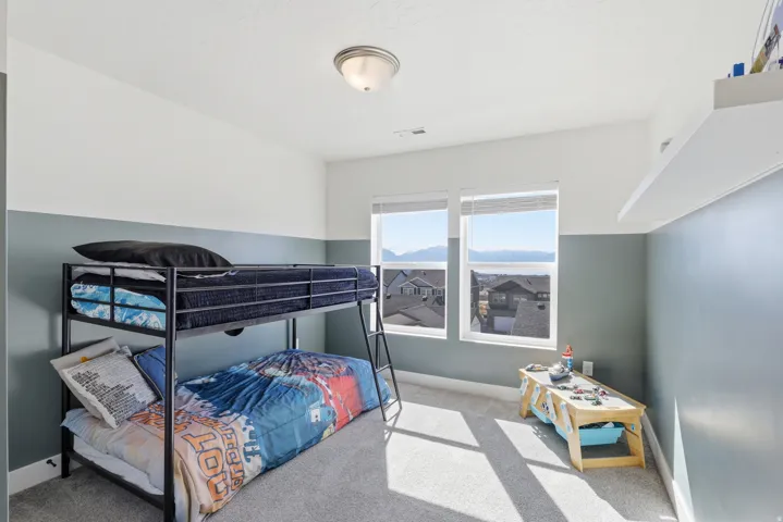 Carpeted room with two large windows offering a distant mountain landscape