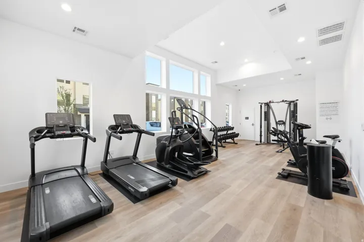 Fitness area featuring light wood-finish flooring, white painted walls, and abundant natural light from large windows