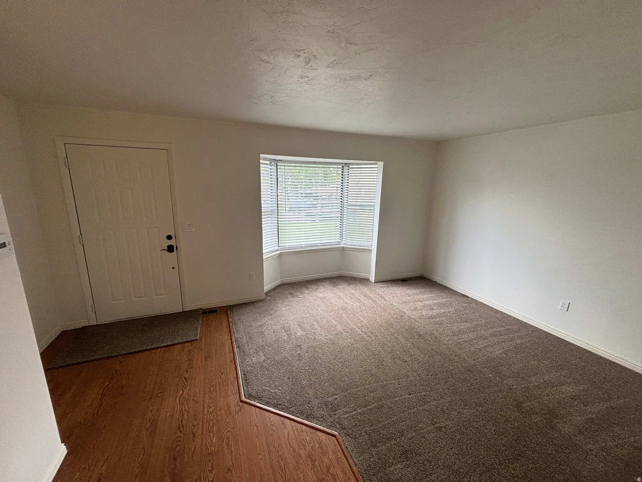 Living area with a prominent bay window, neutral wall finishes, and a combination of wood-finish flooring and carpeting