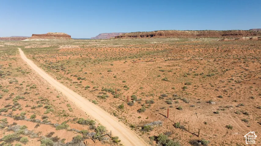 Expansive desert landscape with a dirt road and distant red rock formations