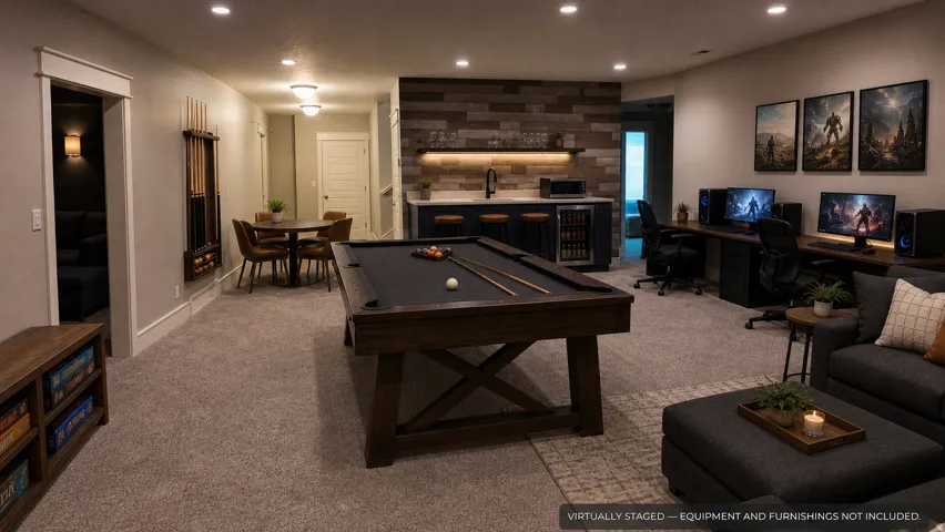 VIRTUALLY STAGED Recreation space featuring a billiard table, integrated wet bar with beverage refrigerator, shiplap accent wall, and recessed lighting