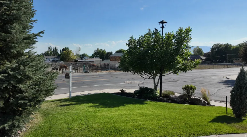 Manicured lawn with mature evergreen and deciduous trees, featuring a decorative street lamp