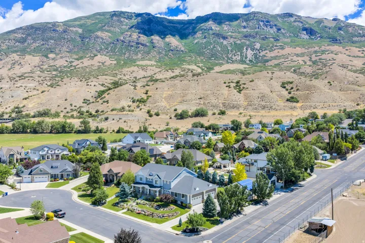 Residential community featuring mature trees, paved streets, and a mountainous backdrop