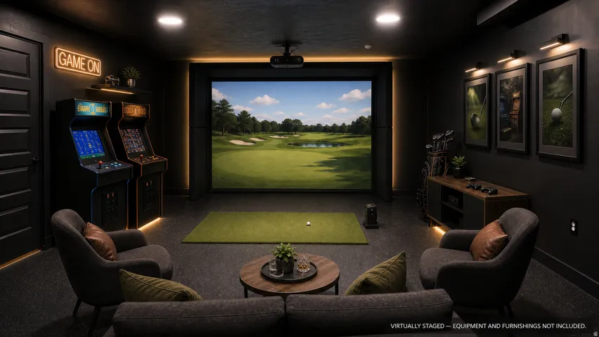 Dedicated entertainment space featuring a golf simulator screen, recessed lighting, and dark-toned walls